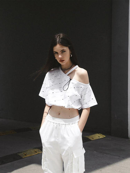 ANYQUESTION White All Over Print Drawstring Women&