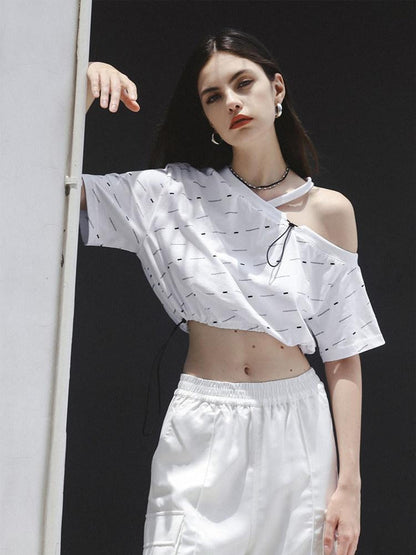 ANYQUESTION White All Over Print Drawstring Women&