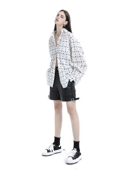 ANYQUESTION White Allover Letter Print Oversized Long Sleeve Casual Women&