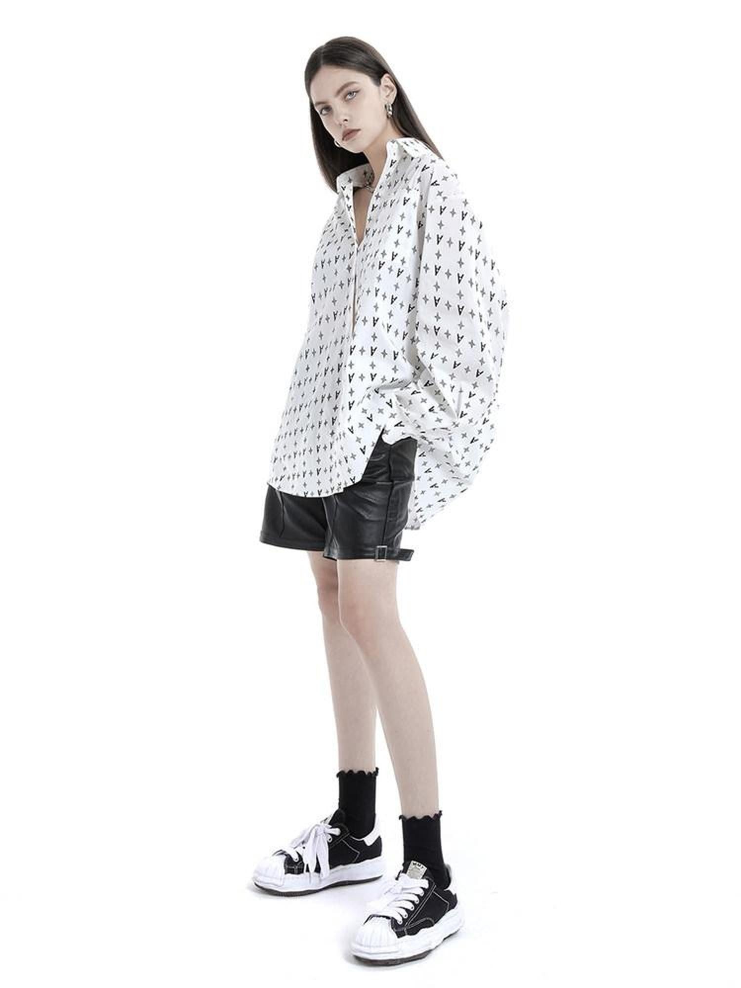 ANYQUESTION White Allover Letter Print Oversized Long Sleeve Casual Women&