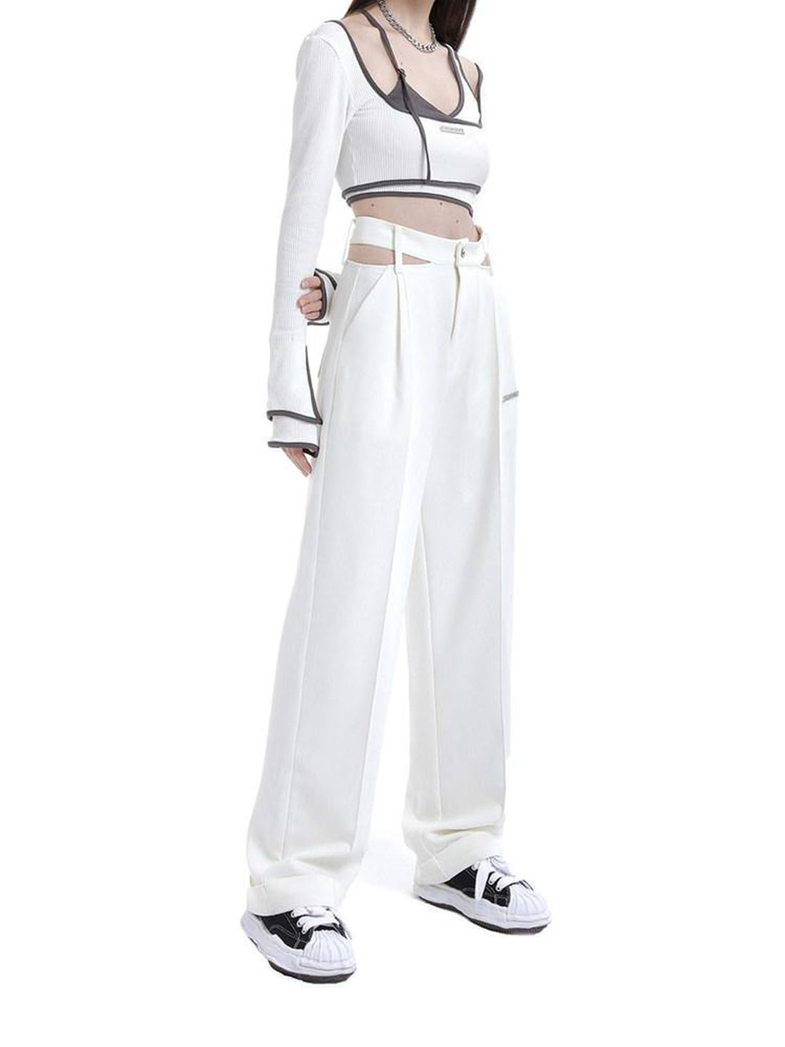 ANYQUESTION White Cutout High Waist Straight Leg Suit Cuffed Women&
