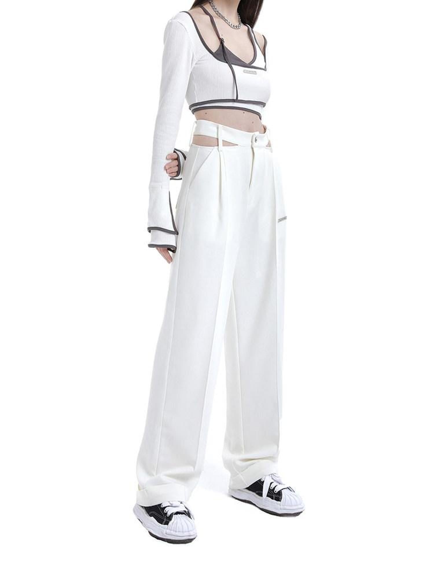 ANYQUESTION White Cutout High Waist Straight Leg Suit Cuffed Women&