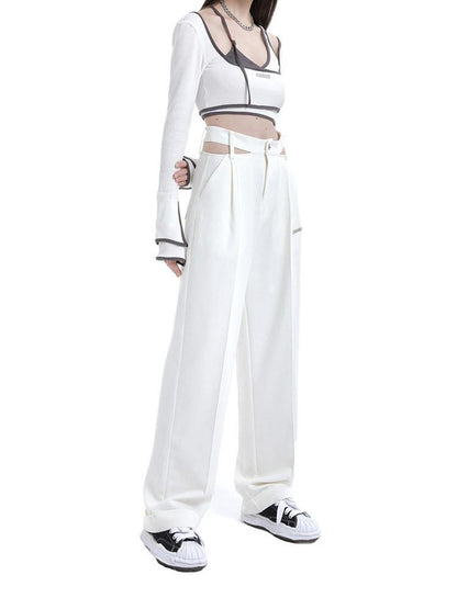 ANYQUESTION White Cutout High Waist Straight Leg Suit Cuffed Women&
