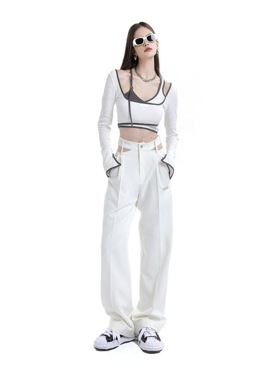 ANYQUESTION White Cutout High Waist Straight Leg Suit Cuffed Women&