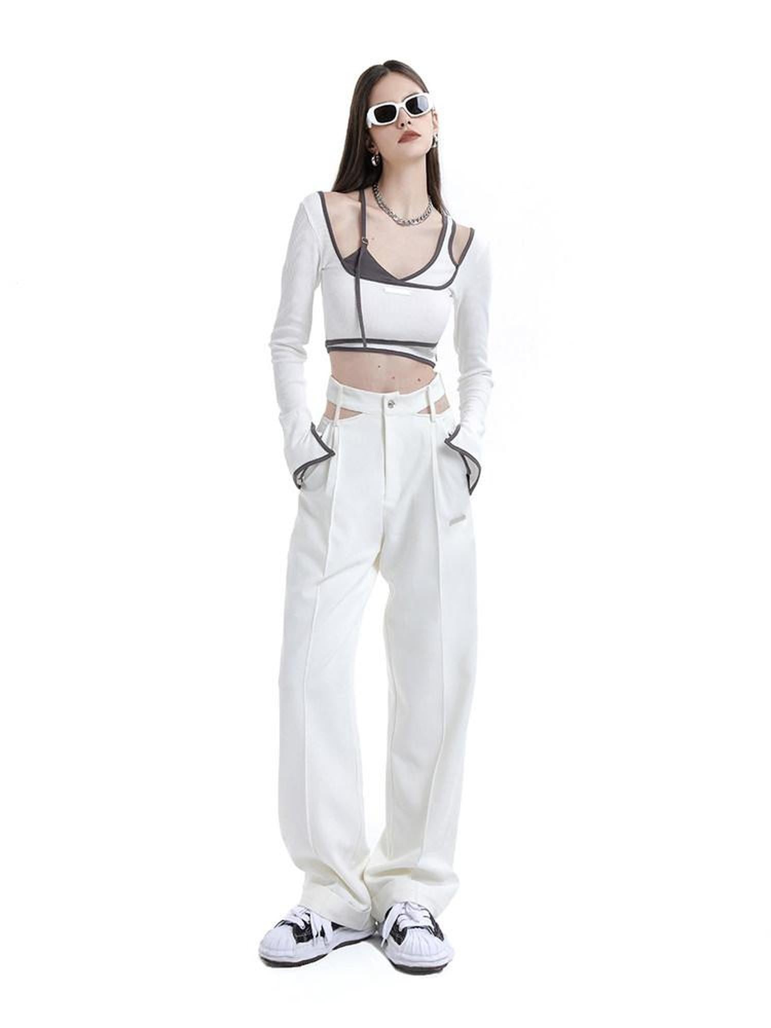 ANYQUESTION White Cutout High Waist Straight Leg Suit Cuffed Women&