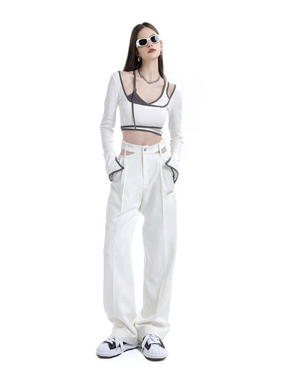 ANYQUESTION White Cutout High Waist Straight Leg Suit Cuffed Women&