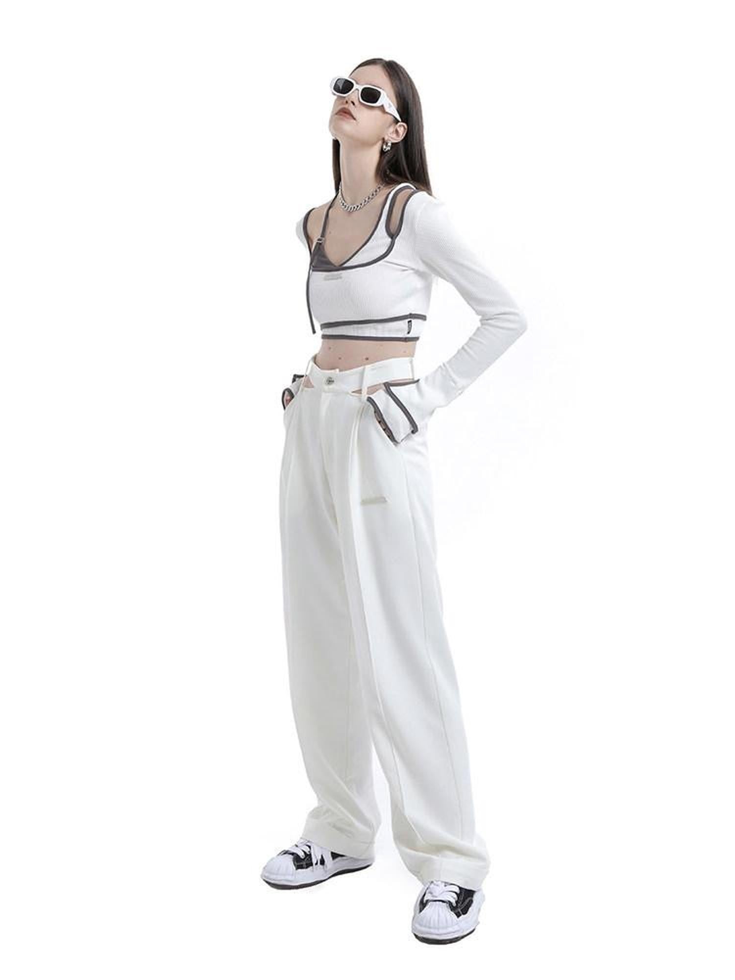 ANYQUESTION White Cutout High Waist Straight Leg Suit Cuffed Women&