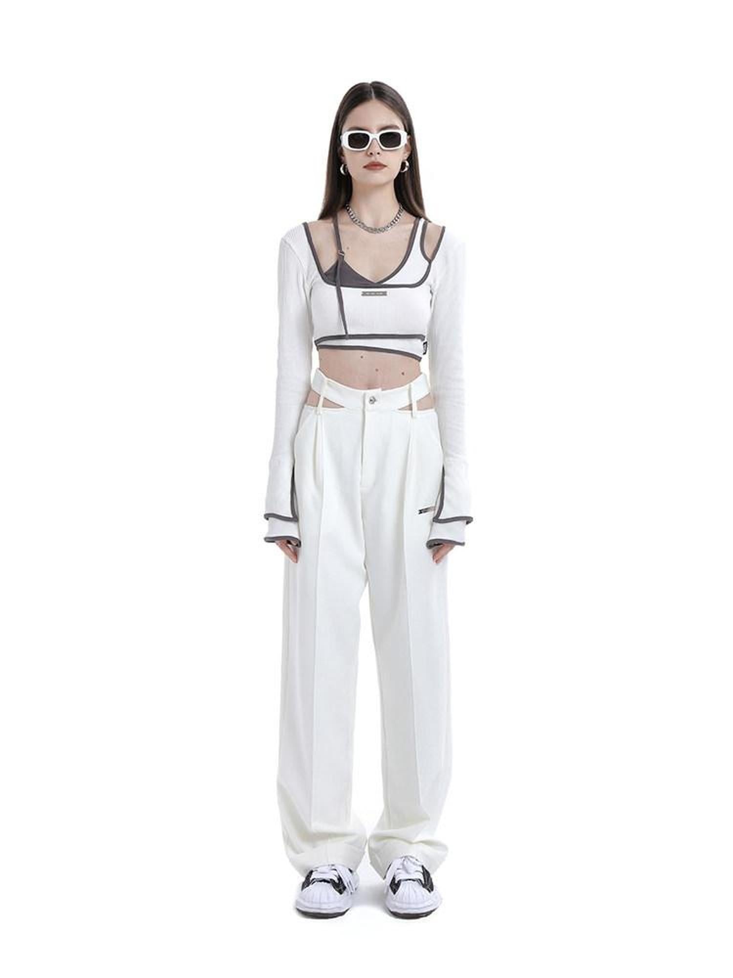 ANYQUESTION White Cutout High Waist Straight Leg Suit Cuffed Women&