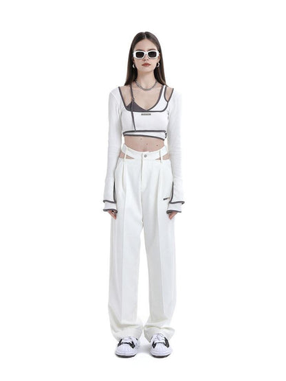 ANYQUESTION White Cutout High Waist Straight Leg Suit Cuffed Women&