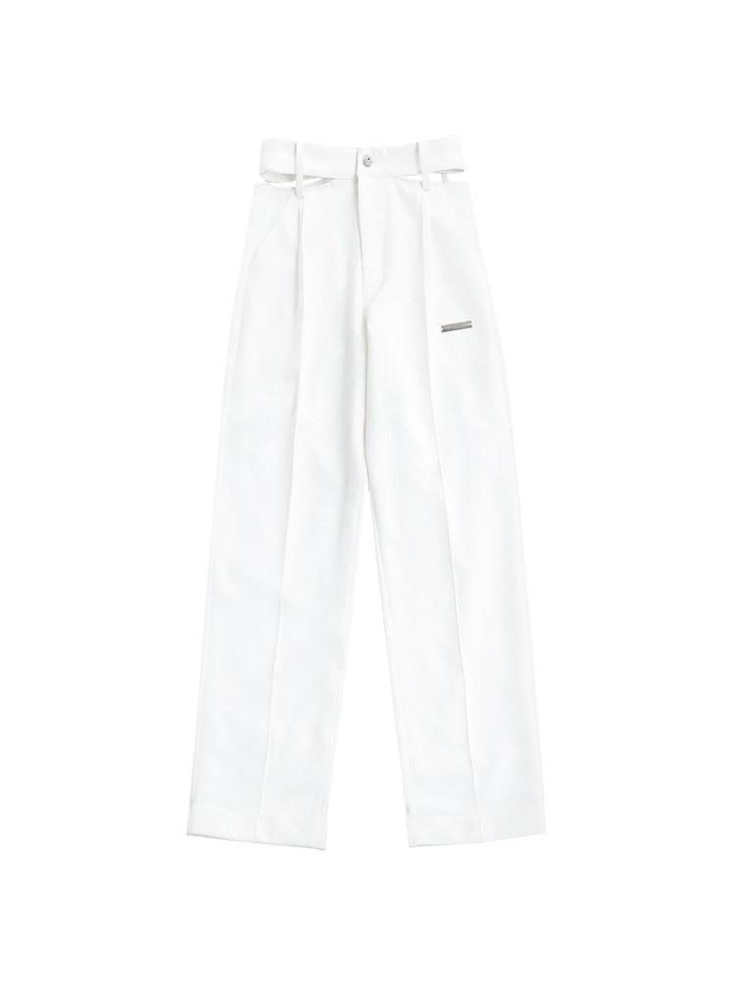 ANYQUESTION White Cutout High Waist Straight Leg Suit Cuffed Women&