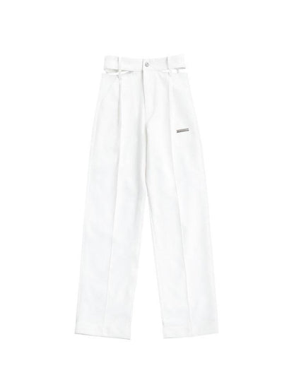 ANYQUESTION White Cutout High Waist Straight Leg Suit Cuffed Women&