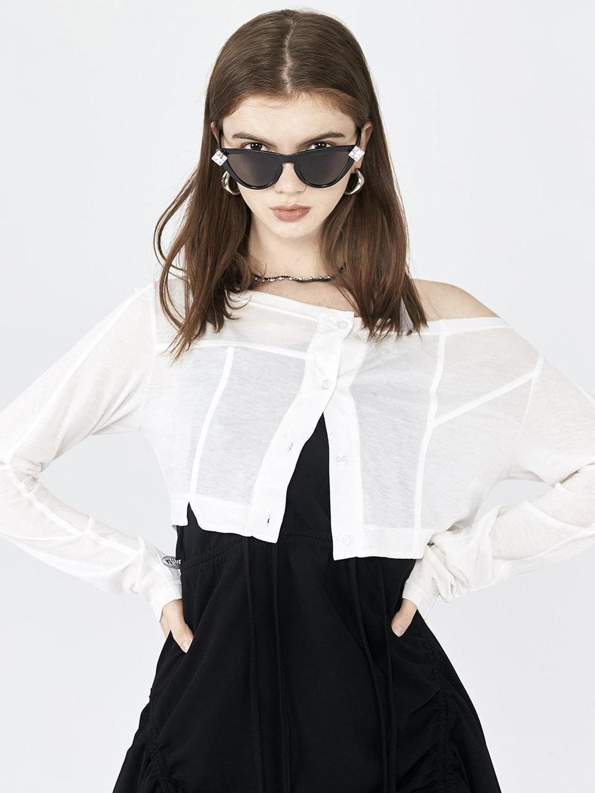 ANYQUESTION White Lightweight Seam Detail Single Button Women&