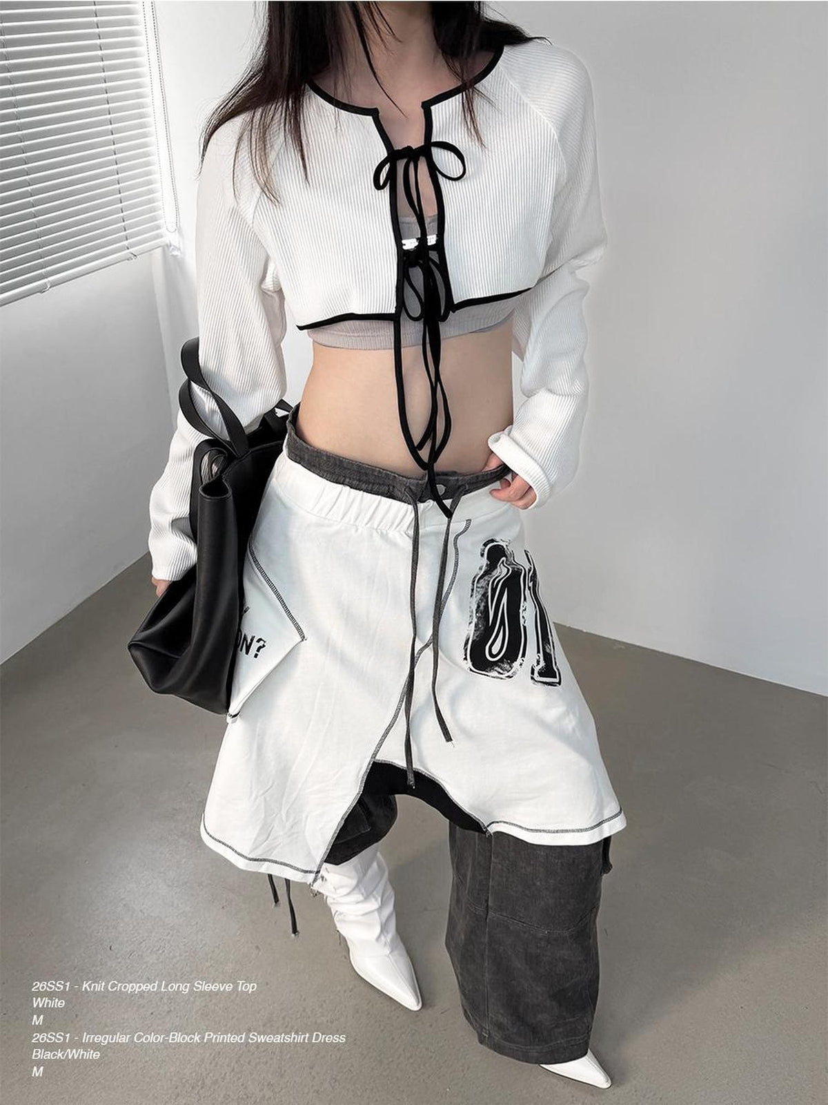 ANYQUESTION White Piped Tie Front Ribbed Raglan Knit Short Women&