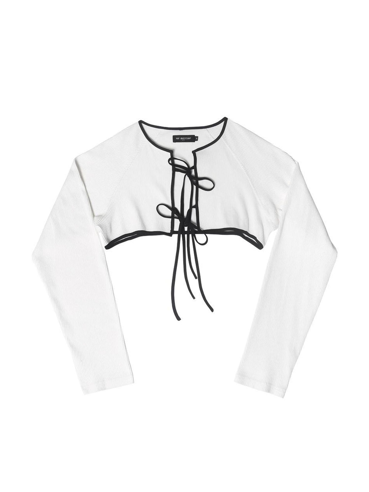 ANYQUESTION White Piped Tie Front Ribbed Raglan Knit Short Women&