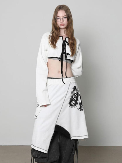 ANYQUESTION White Piped Tie Front Ribbed Raglan Knit Short Women&