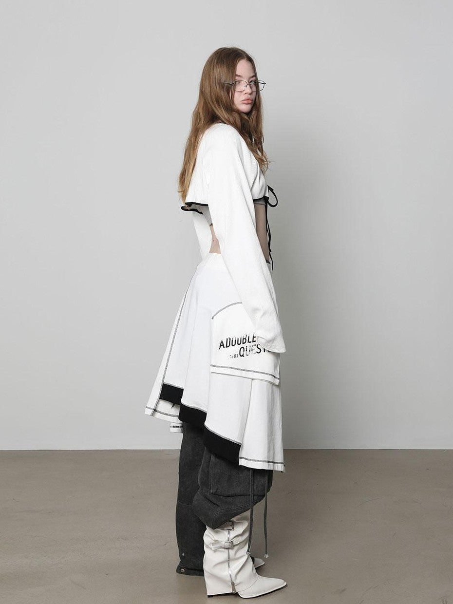 ANYQUESTION White Piped Tie Front Ribbed Raglan Knit Short Women&