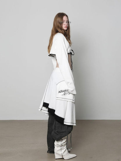 ANYQUESTION White Piped Tie Front Ribbed Raglan Knit Short Women&