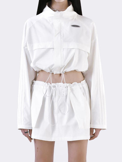 ANYQUESTION White Piping Panel Drawstring Zip Women&