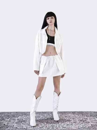 ANYQUESTION White Piping Panel Drawstring Zip Women&