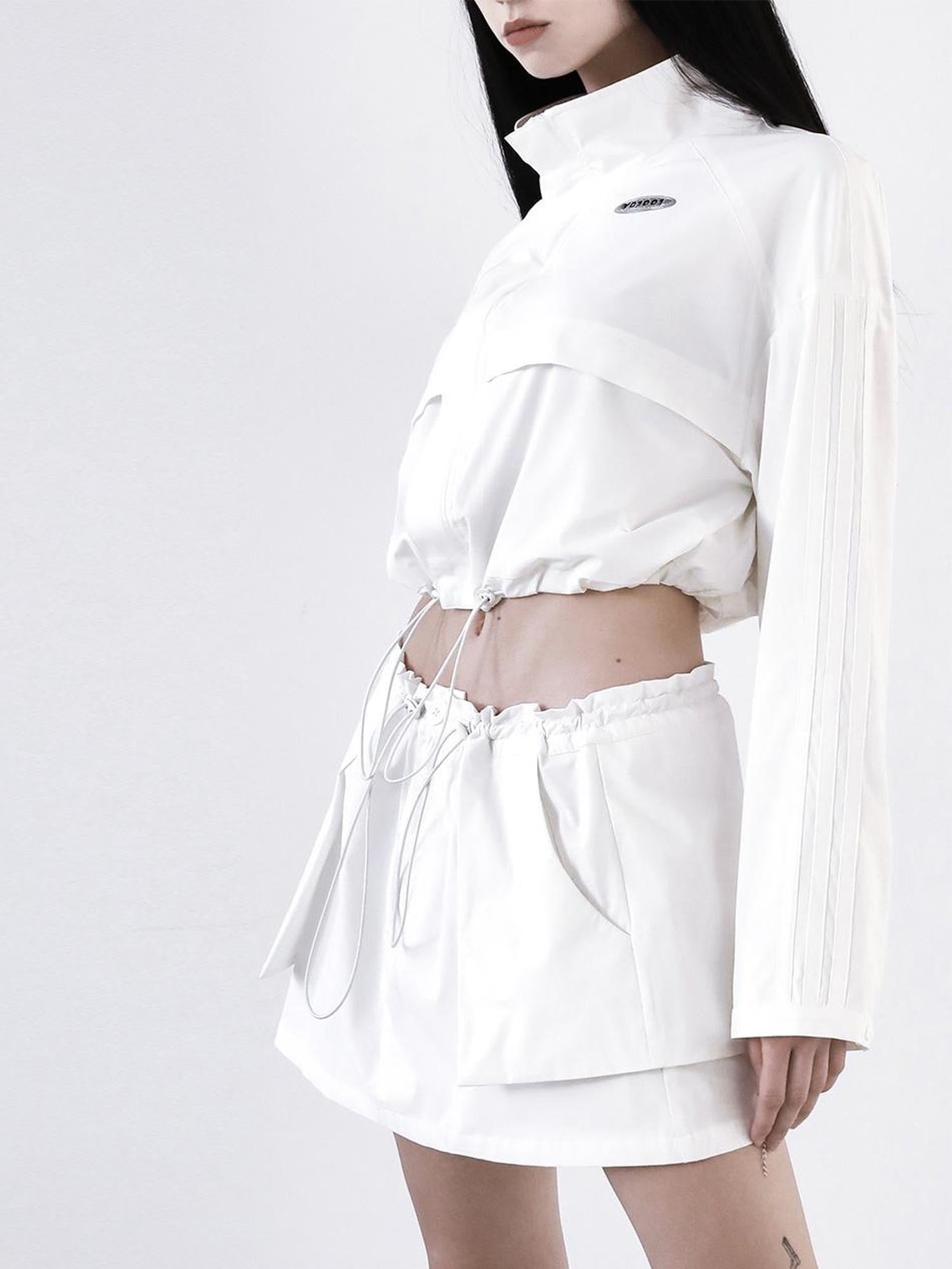 ANYQUESTION White Piping Panel Drawstring Zip Women&