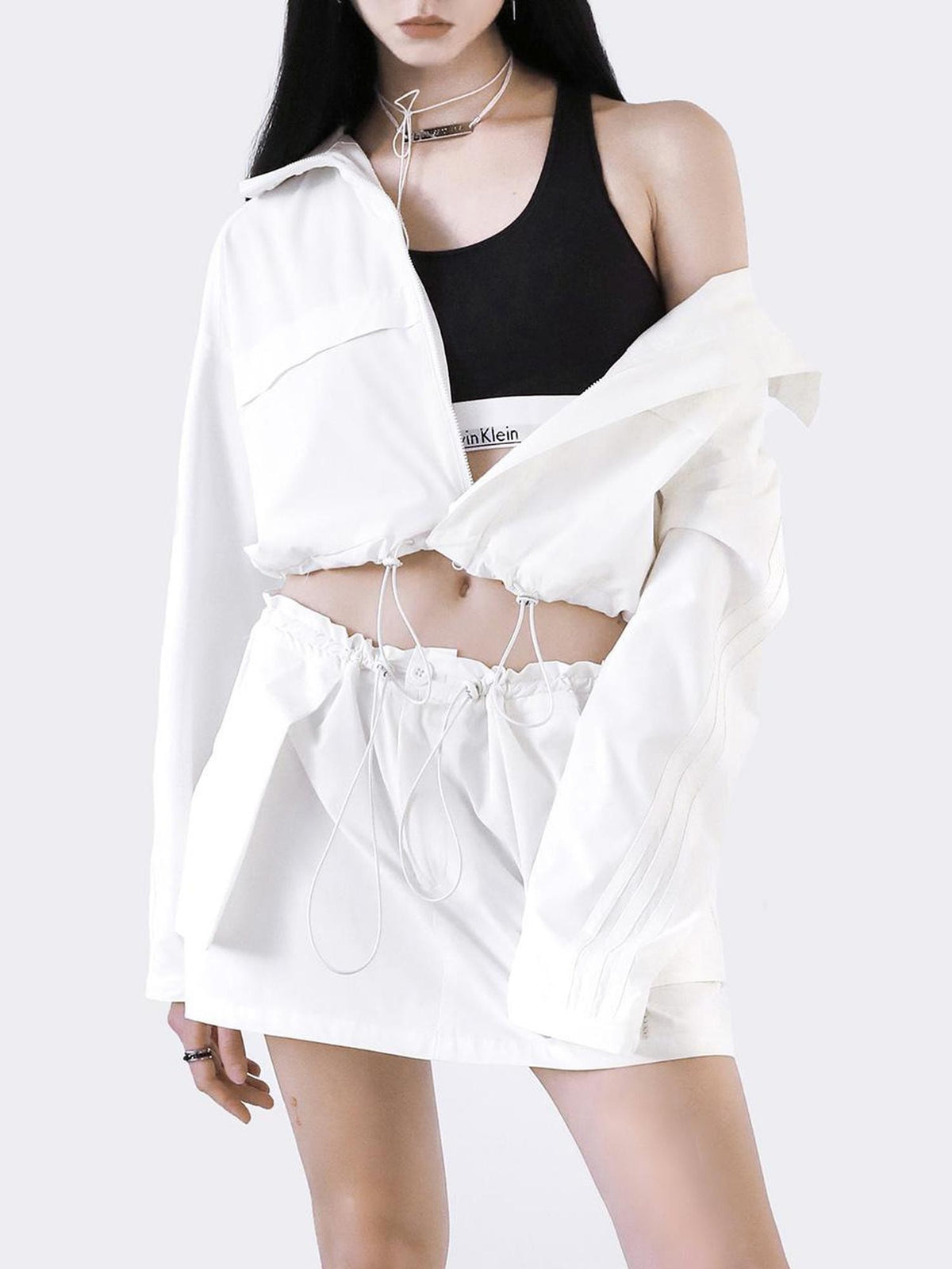 ANYQUESTION White Piping Panel Drawstring Zip Women&