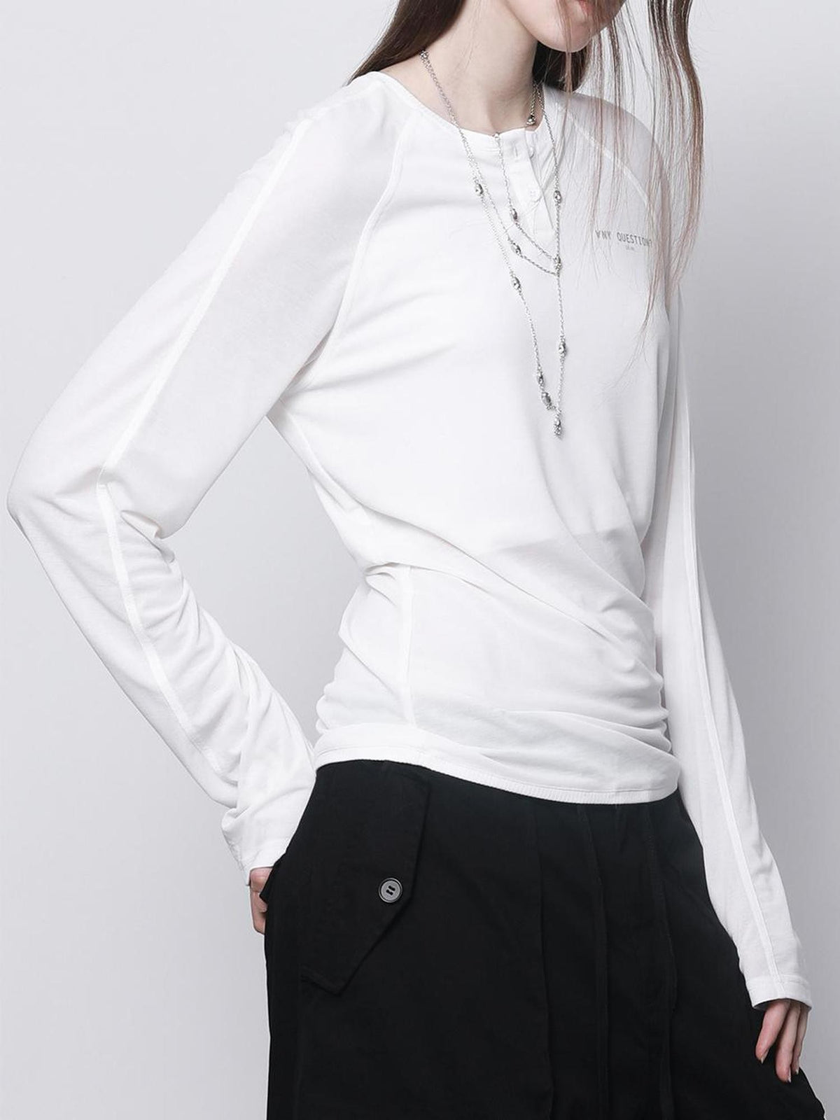 ANYQUESTION White Semi Sheer Double Layer Letter Print Women&