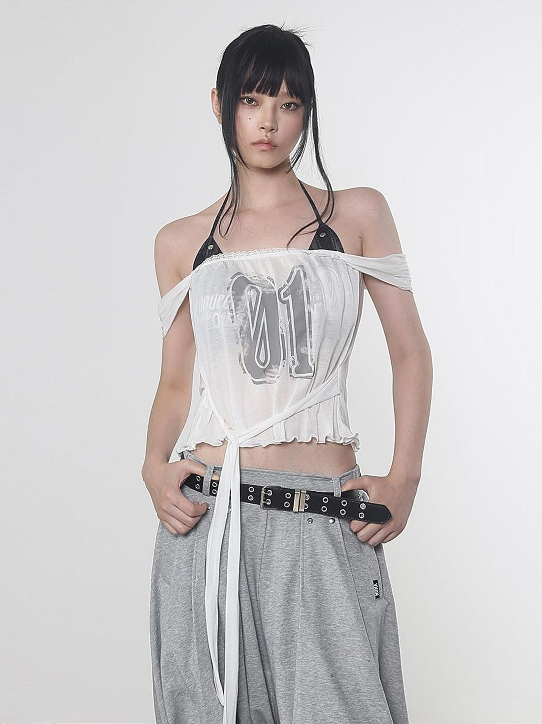 ANYQUESTION White Semi Sheer Printed Tie Front Loose Sleeveless Women&