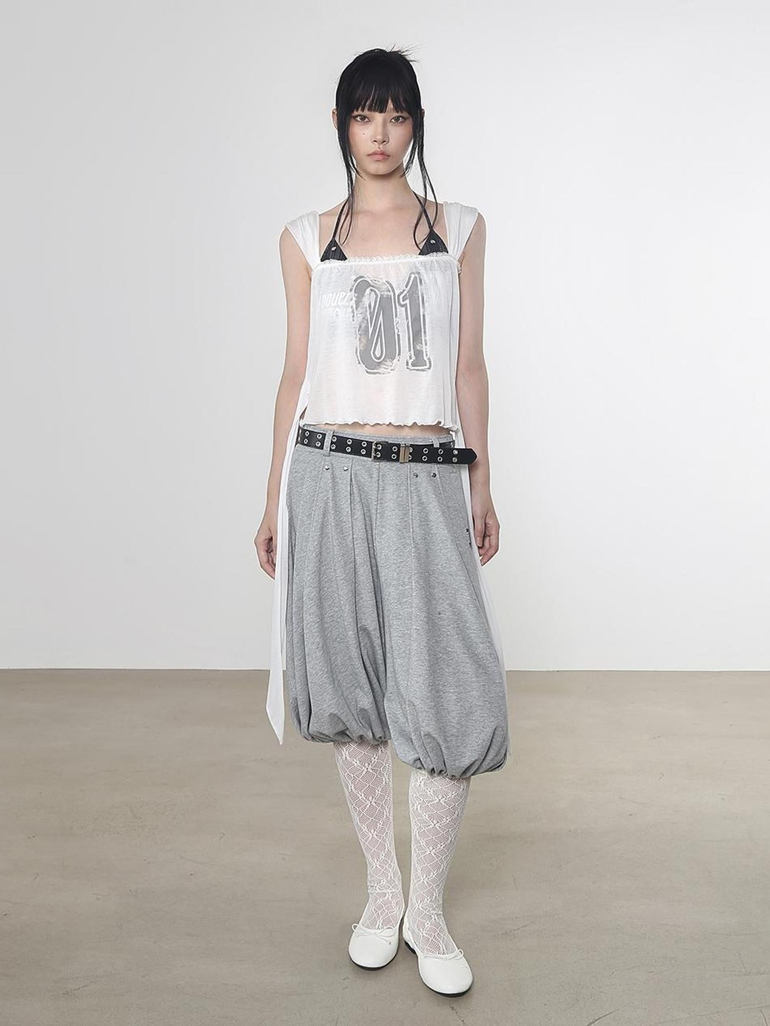 ANYQUESTION White Semi Sheer Printed Tie Front Loose Sleeveless Women&