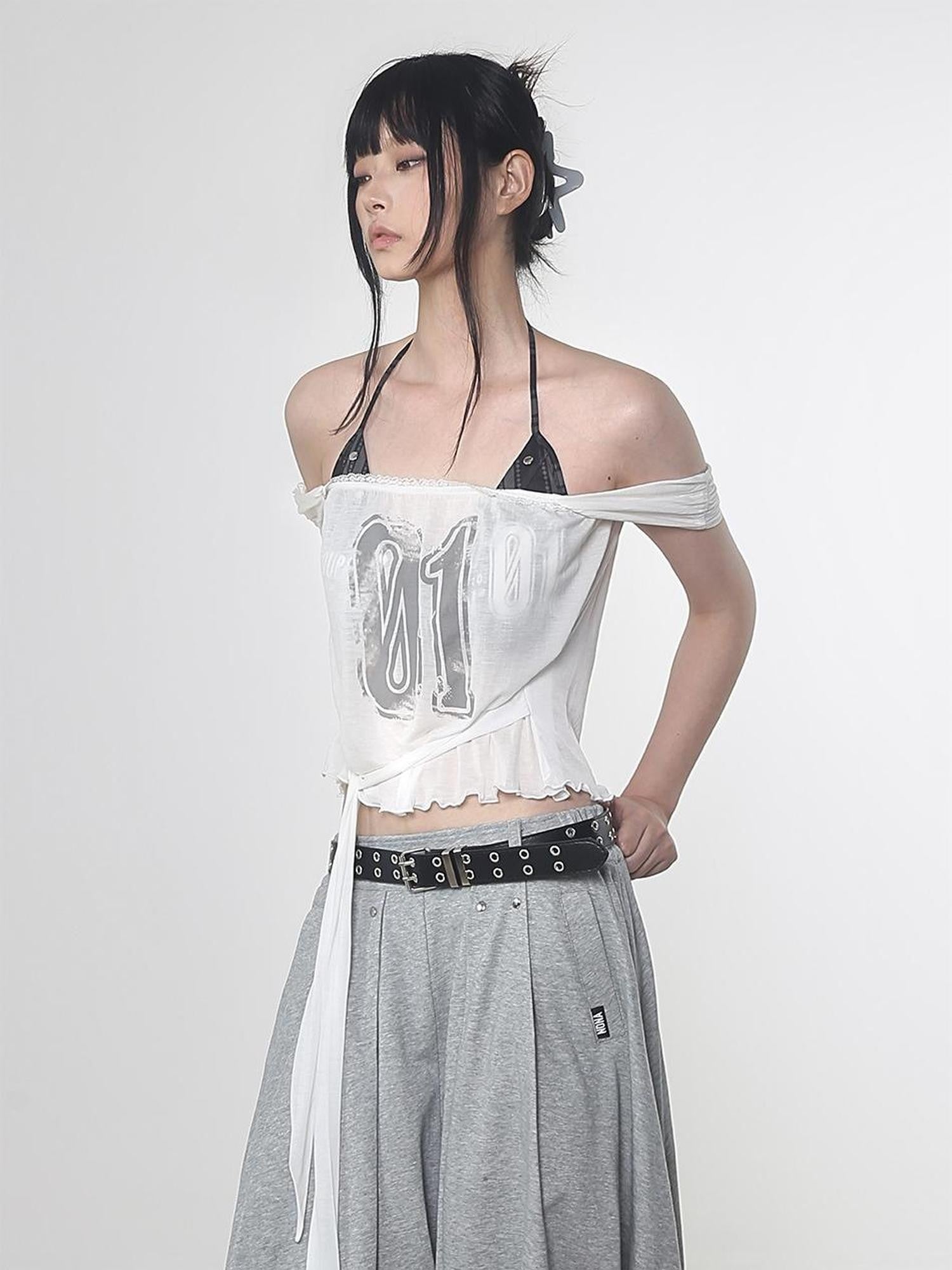 ANYQUESTION White Semi Sheer Printed Tie Front Loose Sleeveless Women&