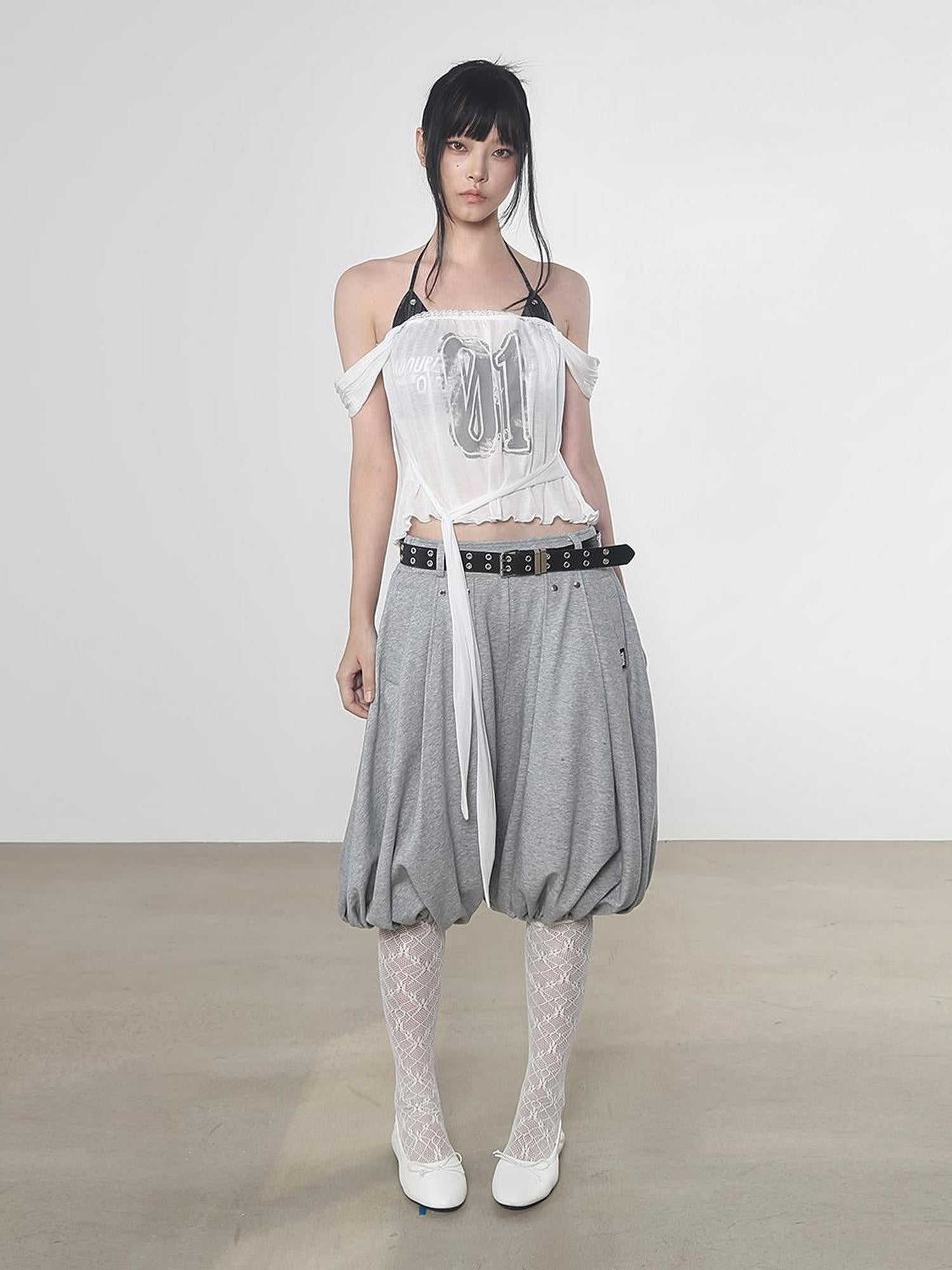 ANYQUESTION White Semi Sheer Printed Tie Front Loose Sleeveless Women&