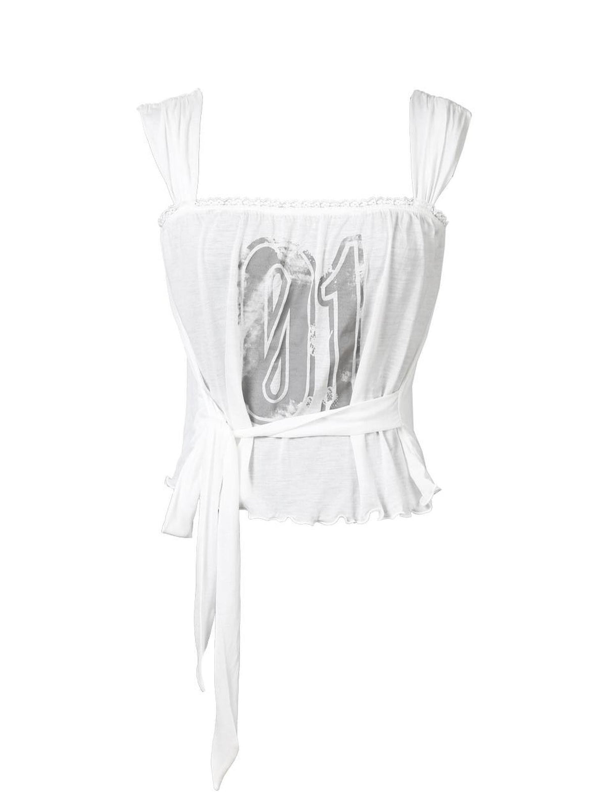 ANYQUESTION White Semi Sheer Printed Tie Front Loose Sleeveless Women&