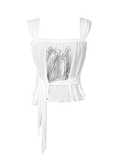ANYQUESTION White Semi Sheer Printed Tie Front Loose Sleeveless Women&