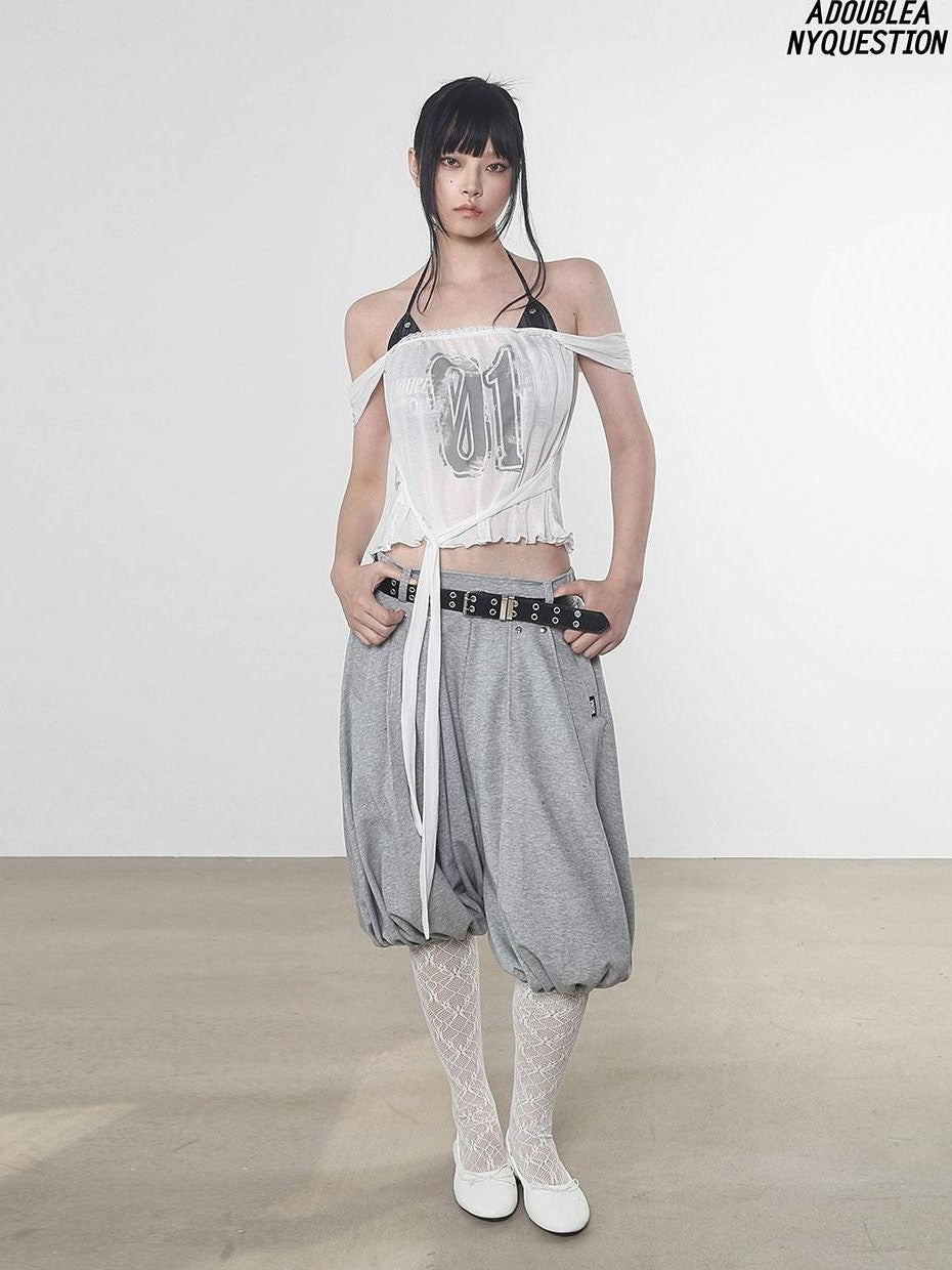 ANYQUESTION White Semi Sheer Printed Tie Front Loose Sleeveless Women&