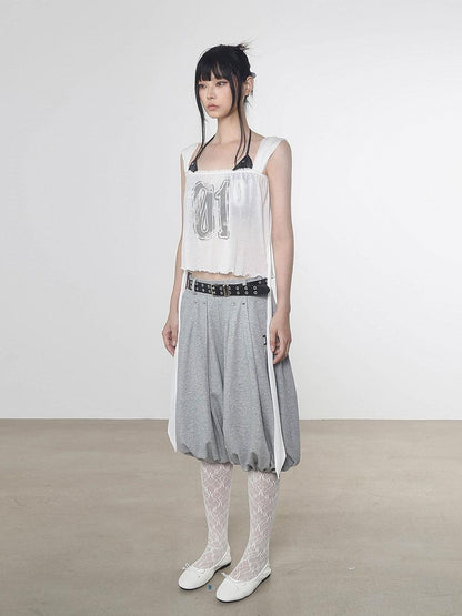 ANYQUESTION White Semi Sheer Printed Tie Front Loose Sleeveless Women&