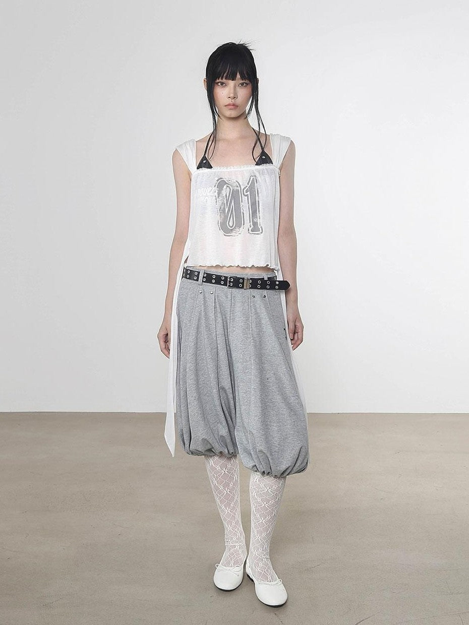 ANYQUESTION White Semi Sheer Printed Tie Front Loose Sleeveless Women&