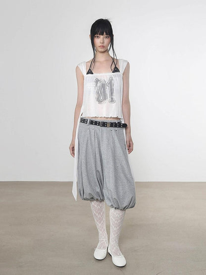 ANYQUESTION White Semi Sheer Printed Tie Front Loose Sleeveless Women&