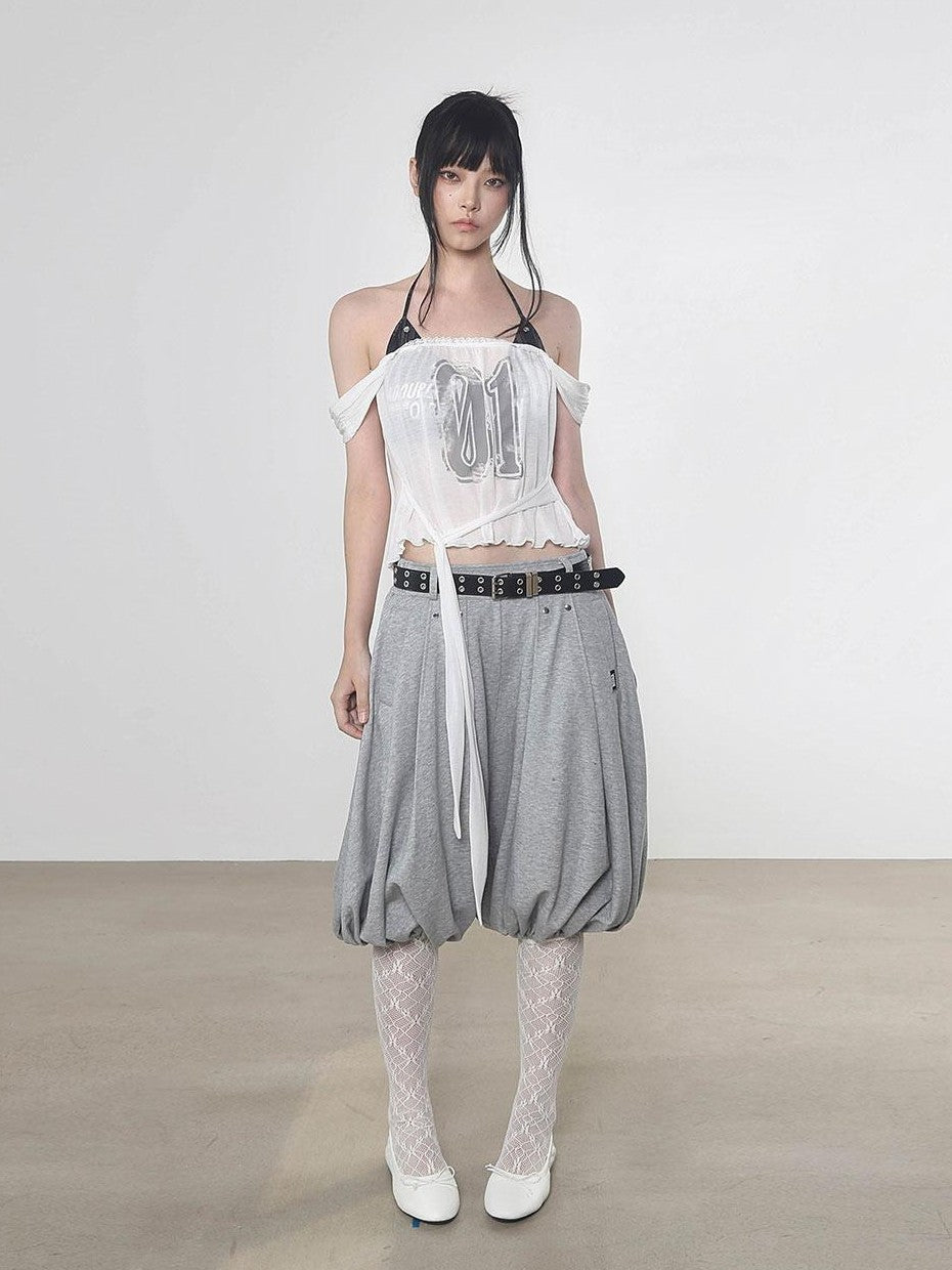 ANYQUESTION White Semi Sheer Printed Tie Front Loose Sleeveless Women&