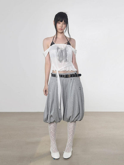 ANYQUESTION White Semi Sheer Printed Tie Front Loose Sleeveless Women&