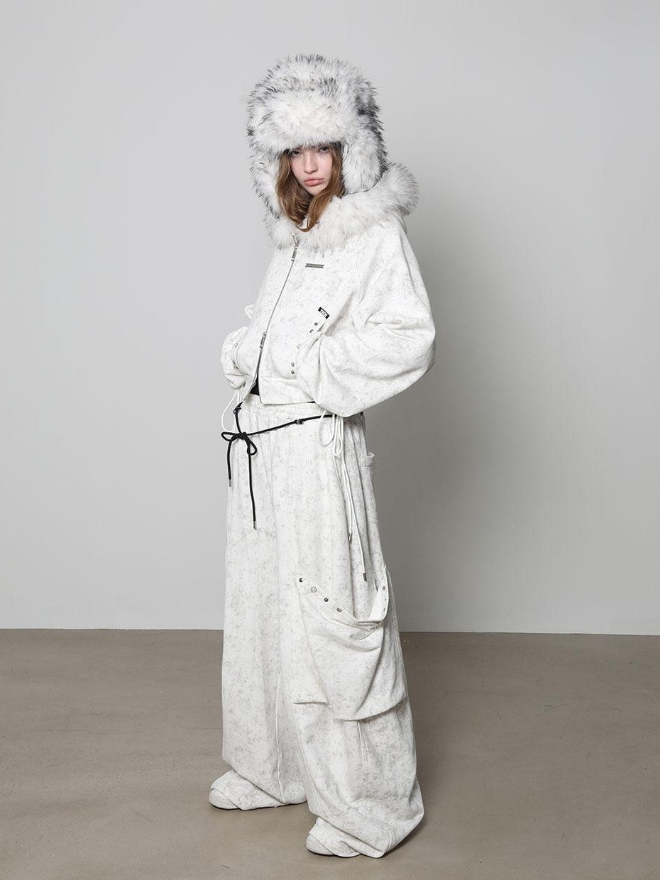 ANYQUESTION White Wax Dye Studded Cropped Detachable Fur Hood Women&