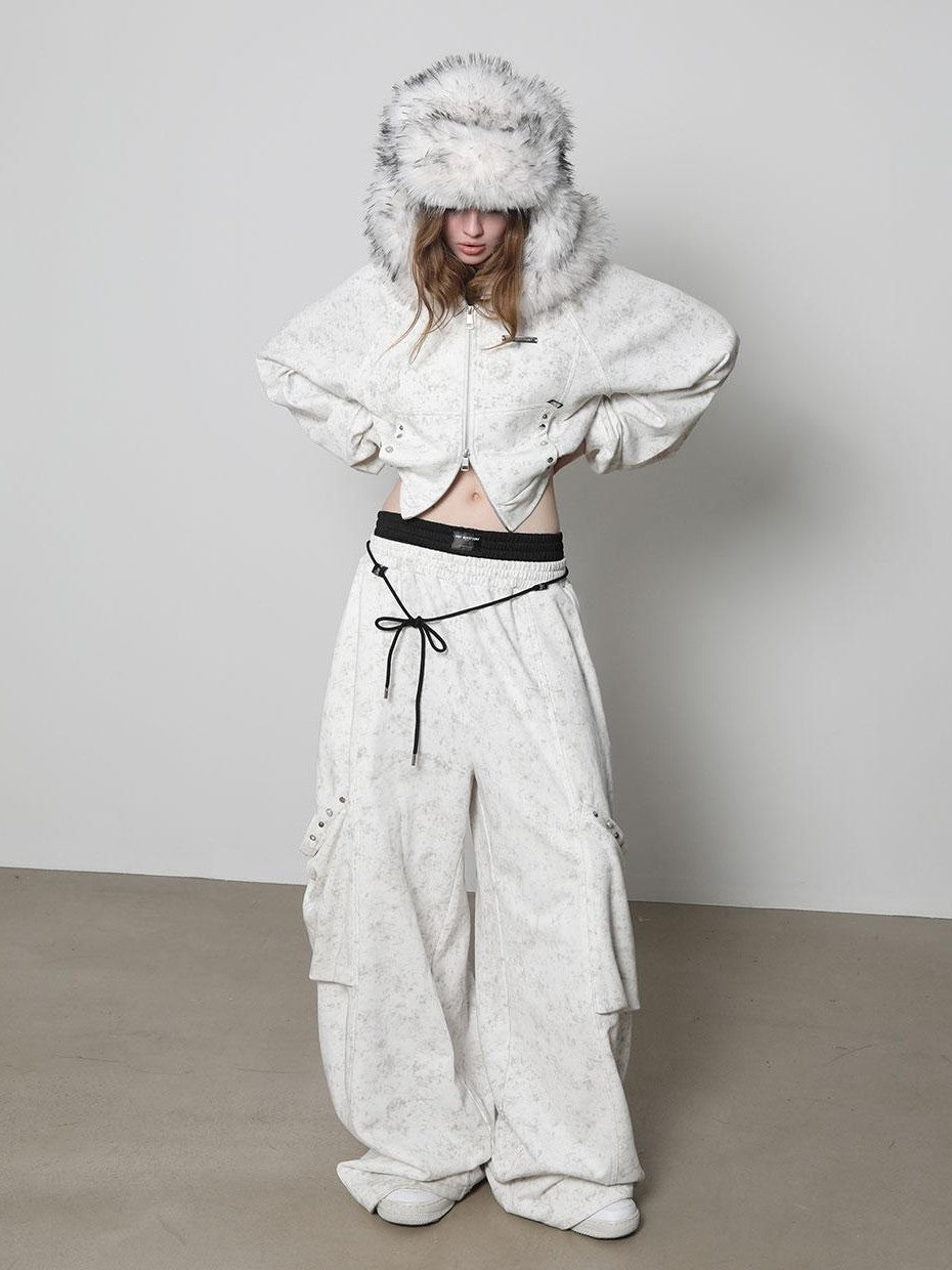 ANYQUESTION White Wax Dye Studded Cropped Detachable Fur Hood Women&