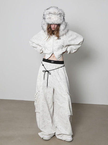 ANYQUESTION White Wax Dye Studded Cropped Detachable Fur Hood Women&