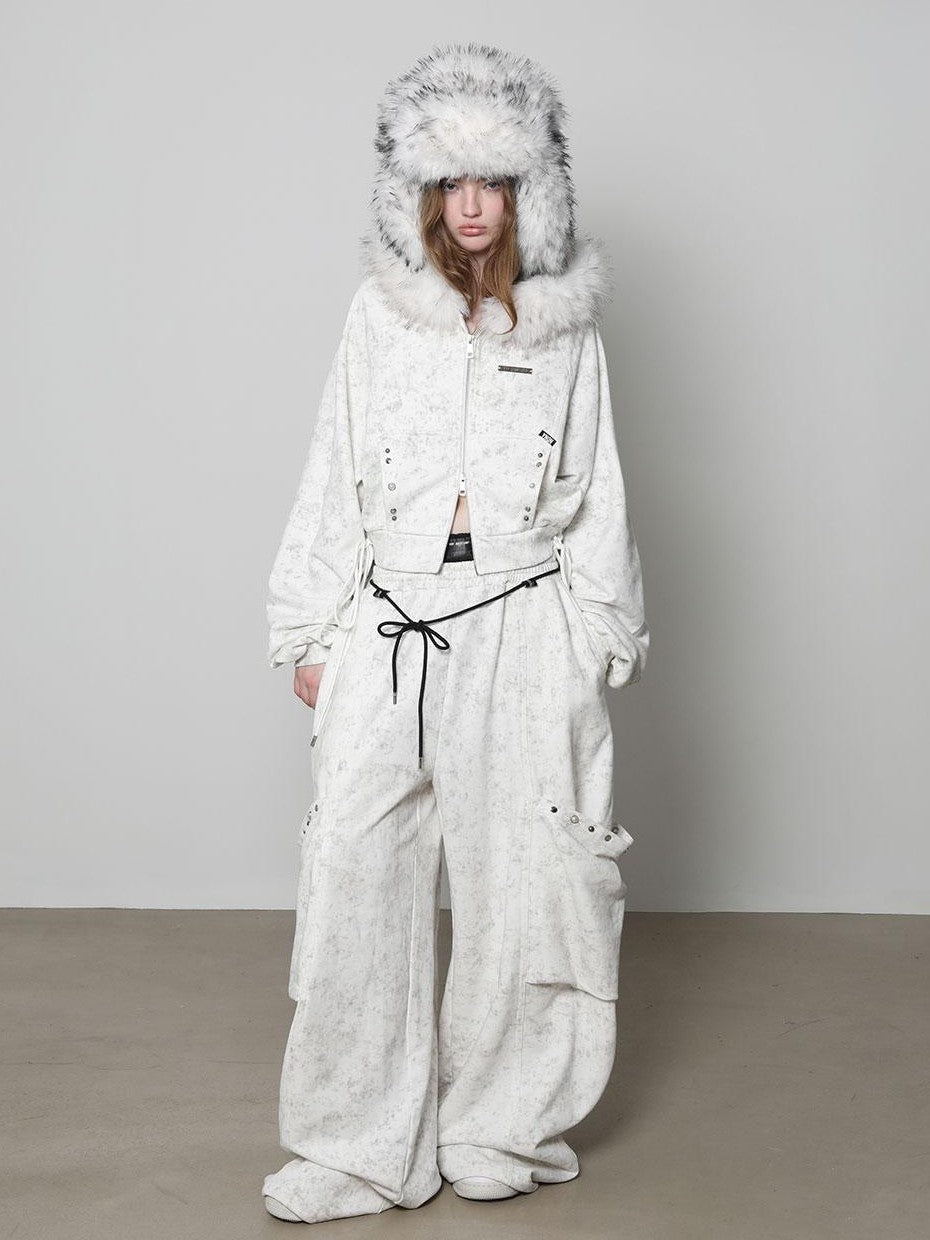 ANYQUESTION White Wax Dye Studded Cropped Detachable Fur Hood Women&