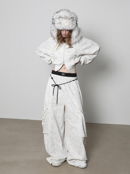 ANYQUESTION White Wax Dye Studded Cropped Detachable Fur Hood Women&