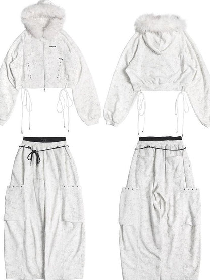 ANYQUESTION White Wax Dye Studded Cropped Detachable Fur Hood Women&