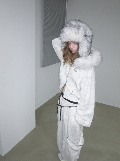 ANYQUESTION White Wax Dye Studded Cropped Detachable Fur Hood Women&