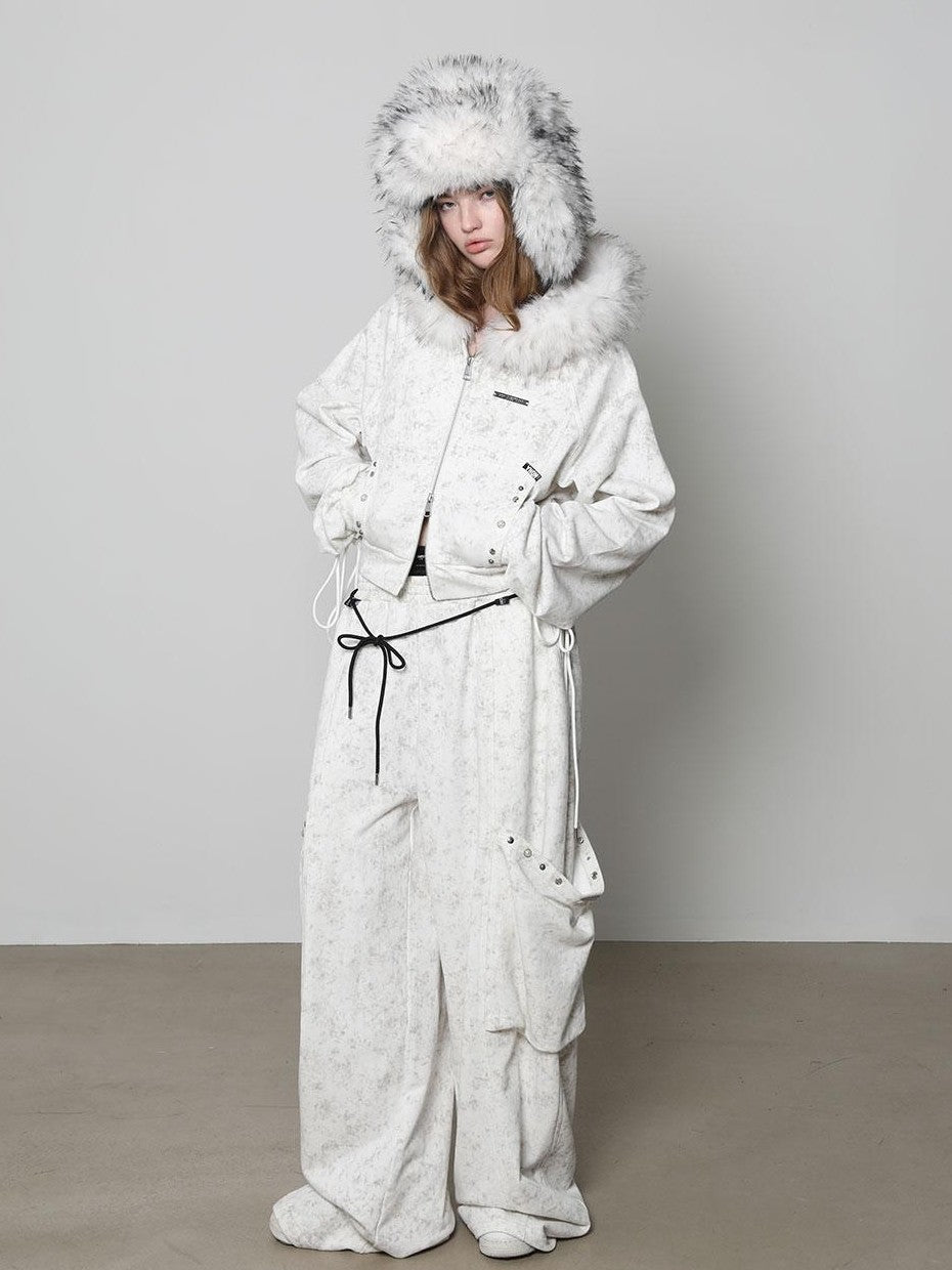 ANYQUESTION White Wax Dye Studded Cropped Detachable Fur Hood Women&