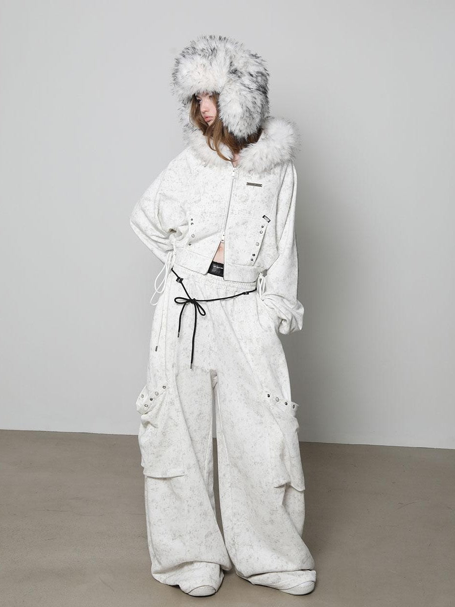 ANYQUESTION White Wax Dye Studded Cropped Detachable Fur Hood Women&