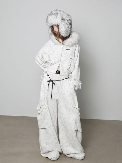 ANYQUESTION White Wax Dye Studded Cropped Detachable Fur Hood Women&