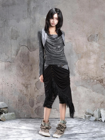 ARIADNAw Asymmetric Cowl Neck Beaded Knit Top Cardigan