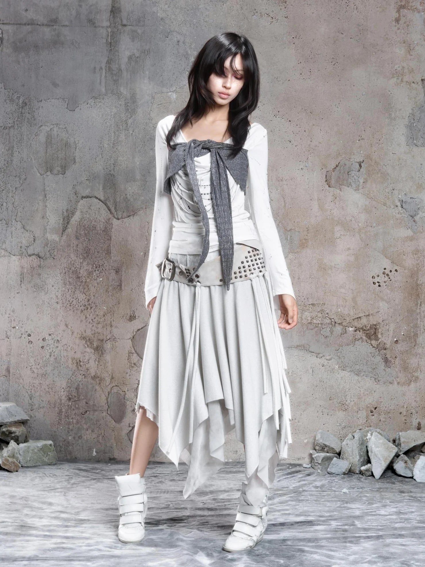 ARIADNAw Asymmetric Cowl Neck Beaded Knit Top Cardigan